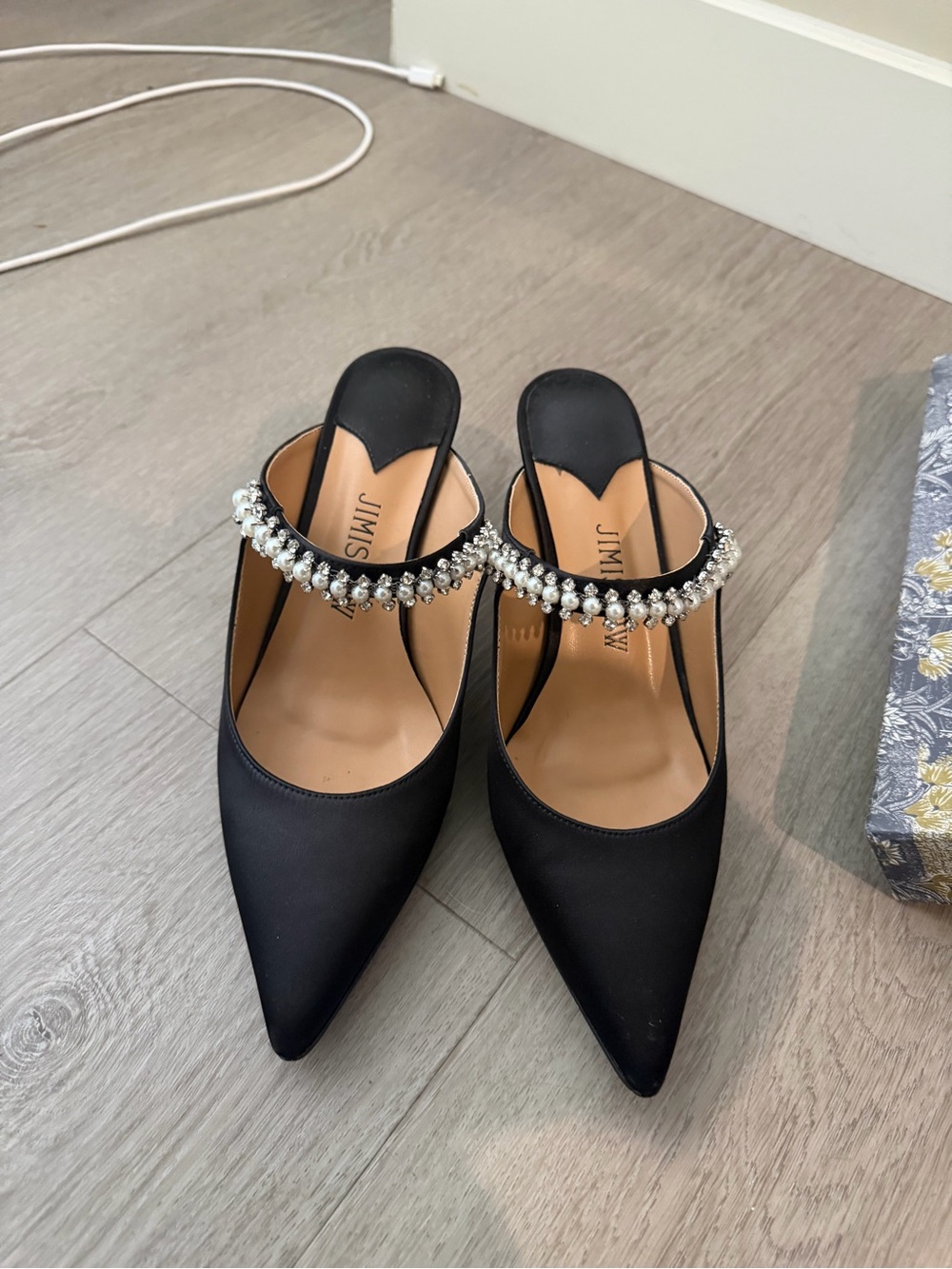 Black Crystal-Embellished Pointed Mules